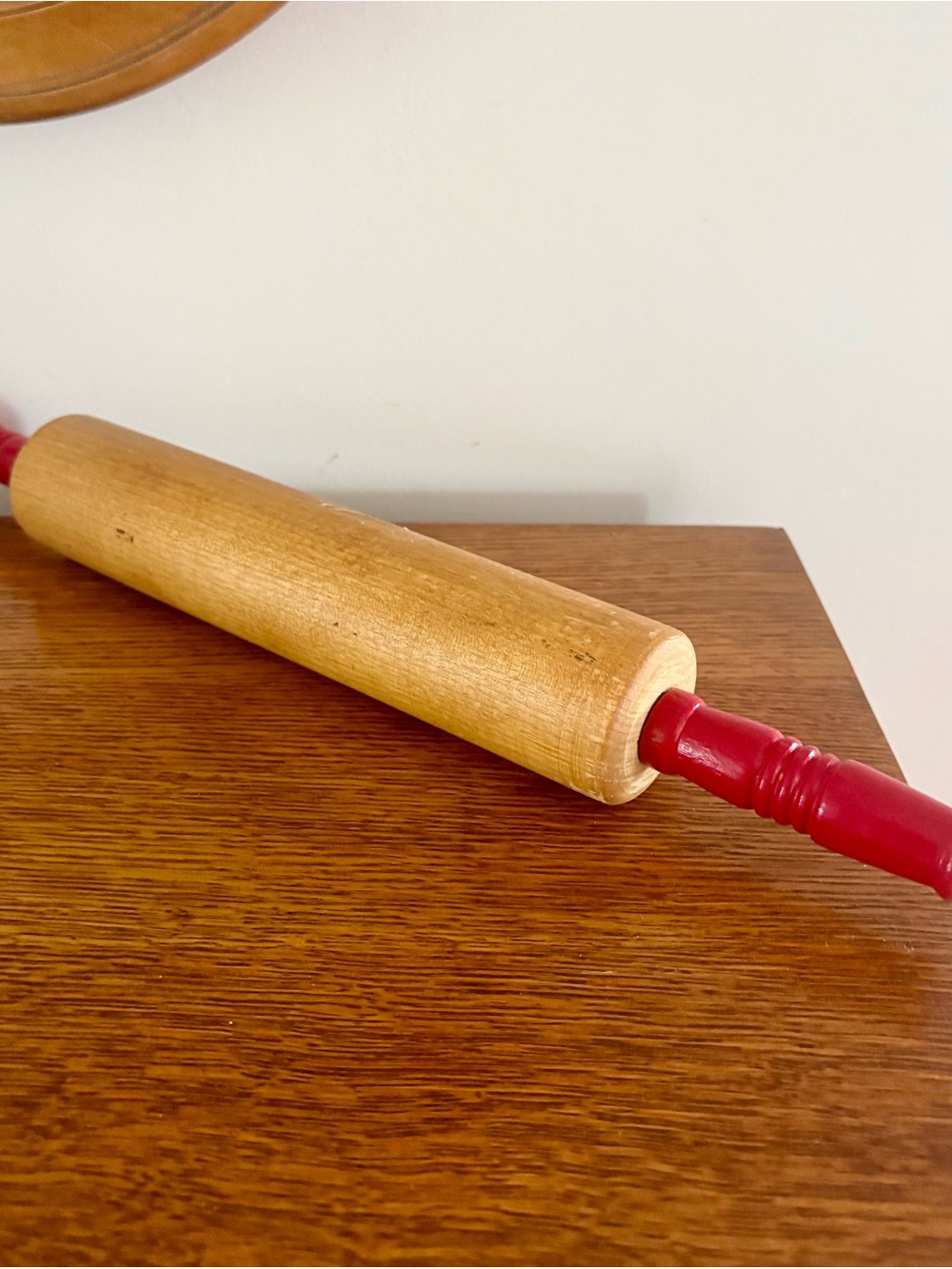 Vintage Wooden Rolling Pin with Red Handles